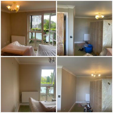 Four images of an empty, light-coloured living room with minimal furniture and windows.