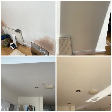 Interior of a room showing wall stains and ceiling lights.