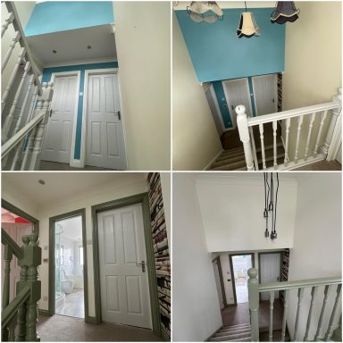Four views of a stairwell showing doors and a blue wall.