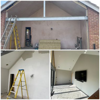 Interior renovation showing a ladder, fresh plastering, and a modern living space.