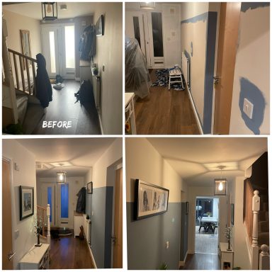 Before and after shots of a hallway renovation, highlighting improved lighting and decor.