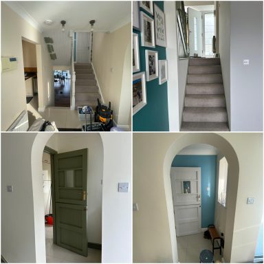 Four views of a home interior showing stairs, an archway, and a door.