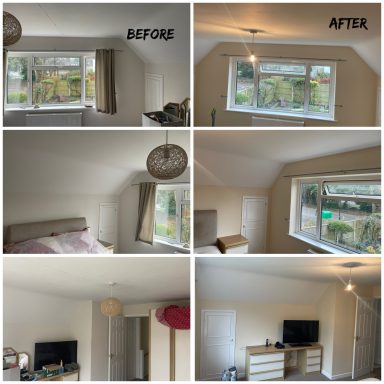 Renovated room showcasing a brighter, more modern layout with updated furnishings.